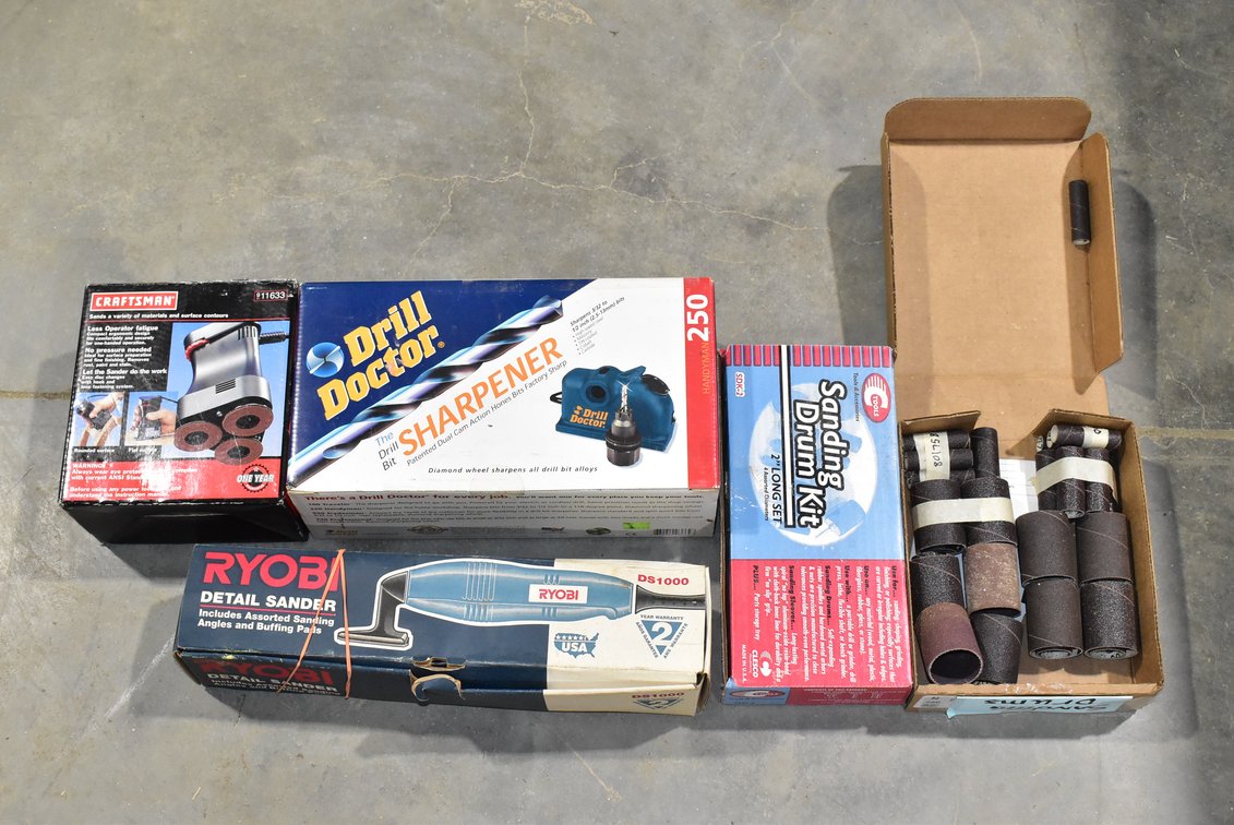 Assorted Sanding Drums, Craftsman Sander, Drill Doctor Sharpener, & Ryobi Detail Sander 