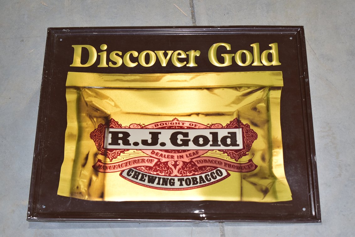 R.J. Gold Chewing Tobacco “Discover Gold” Embossed Metal Sign 