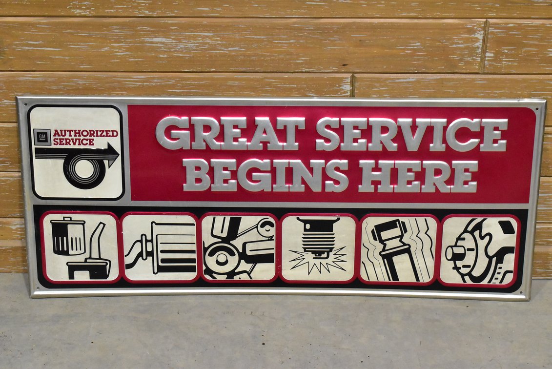 GM Authorized Service “Great Service Begins Here” Genuine General Motors Service Department Embossed Sign 