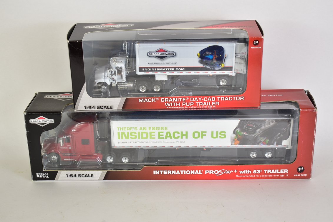 Briggs & Stratton International ProStart w/ Trailer & Mack Granite Day-Cab Tractor w/ Pup Trailer Toy Trucks 
