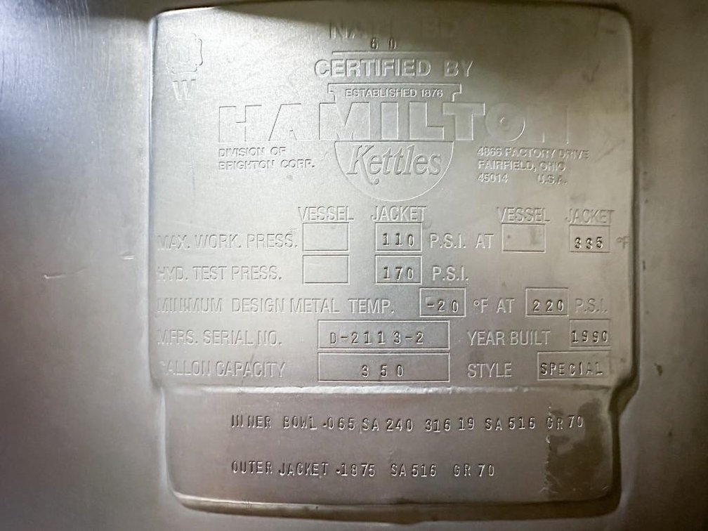 Image for MJK2504 350 Gallon 1/3 Jacketed Hamilton Kettle