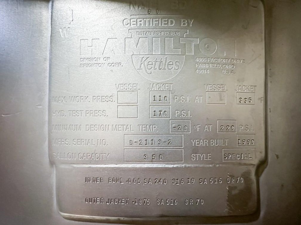 Image for MJK2504 350 Gallon 1/3 Jacketed Hamilton Kettle