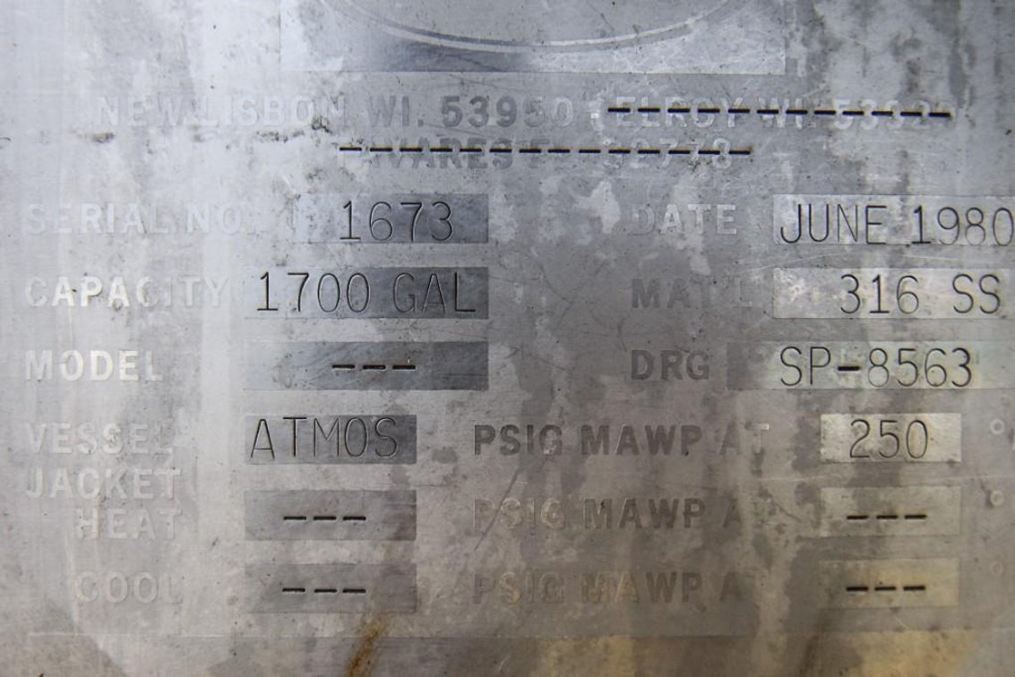 Image for MJK2150 ***SOLD*** Walker Tank 1700 Gallon Stainless Steel