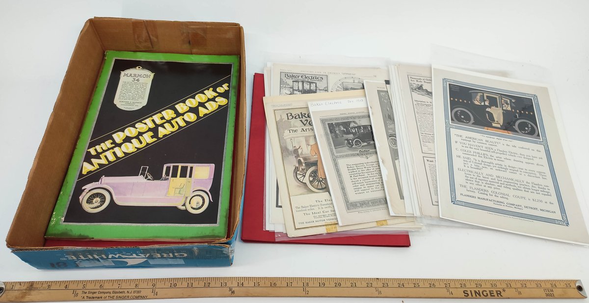 POSTER BOOK OF ANTIQUE AUTO ADS, ELECTRIC AUTO MAG ADS, FOLIOS, ETC. INV 261570655
