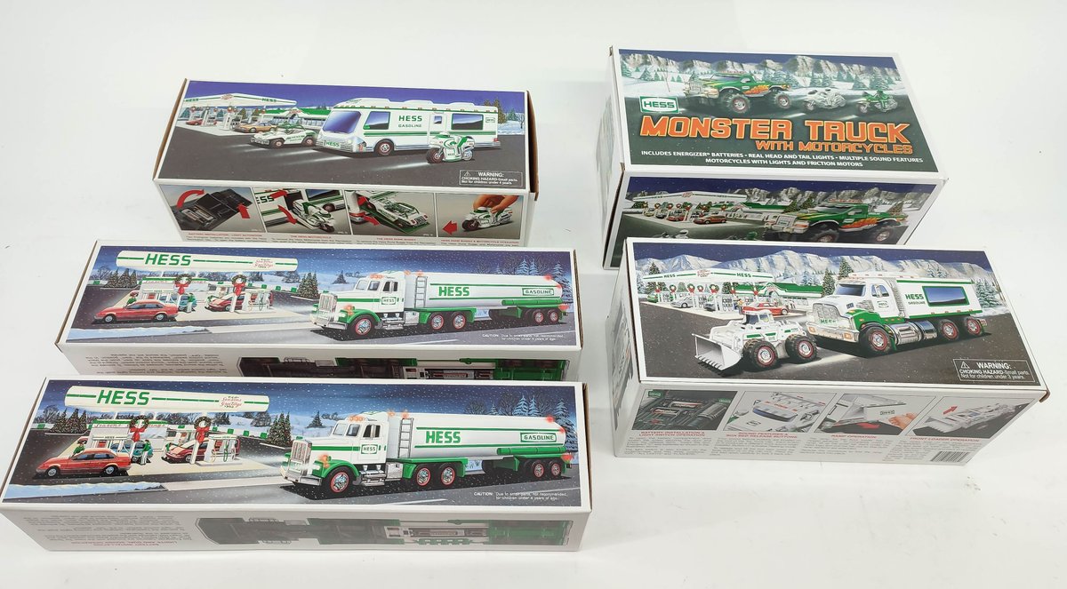 HESS 2 TANKERS, RECREATION VAN, MONSTER TRUCK W/MOTORCYCLES & TRUCK W/FRONT LOADER. INV 261570685
