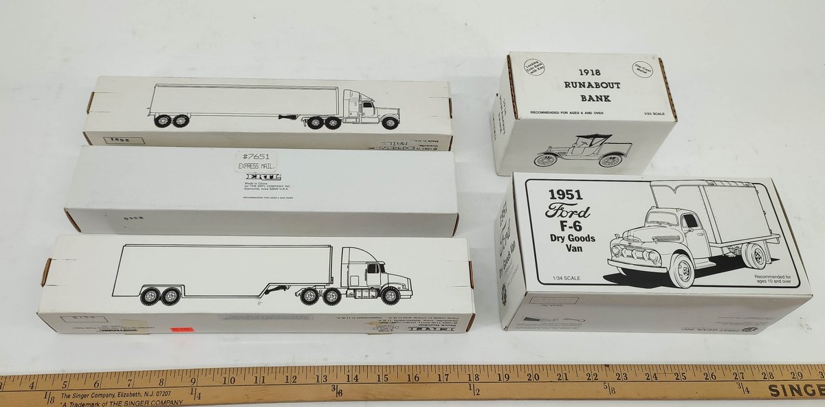 5 ERTL VEHICLES. 1951 FORD DRY GOODS VAN, RUNABOUT BANK. 3 TRACTOR TRAILERS. INV 261570700