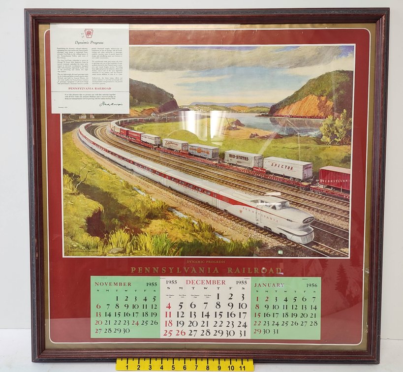 PENNSYLVANIA RAILROAD 1955-1956 FRAMED CALENDAR DYNAMIC PROGRESS ILLUSTRATION INV 261650304