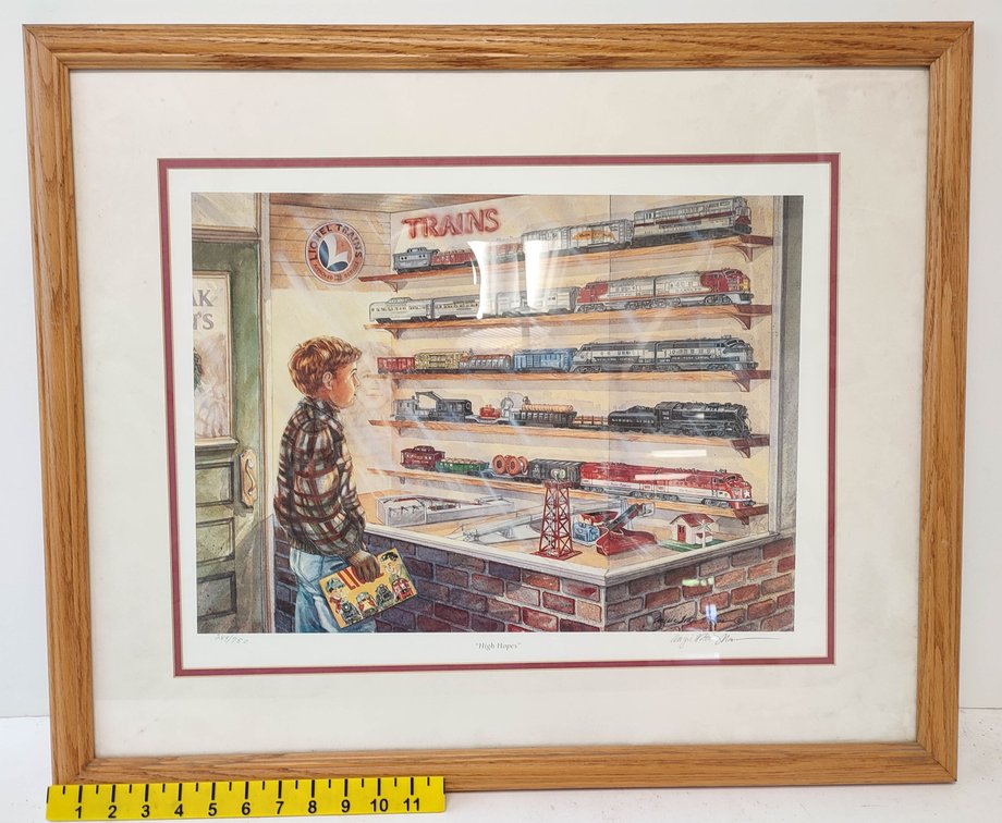 FRAMED PRINT "HIGH HOPES" BOY LOOKING AT LIONEL TRAIN DISPLAY SIGNED, NUMBERED INV 261650302