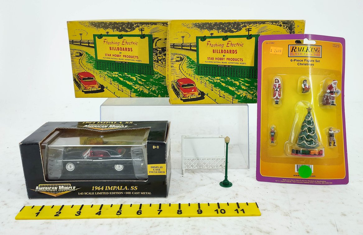AMERICAN MUSCLE 1964 IMPALA SS, RAILKING CHRISTMAS FIGURES, STAR HOBBY BILLBOARDS & FENCE, 4 OBS INV 261650315