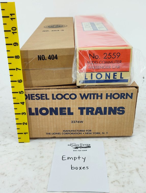 LIONEL 2276W DIESEL LOCO W/ HORN, NO. 404, NO. 2559 PASSENGER CAR - EMPTY BOXES ONLY INV 261650317