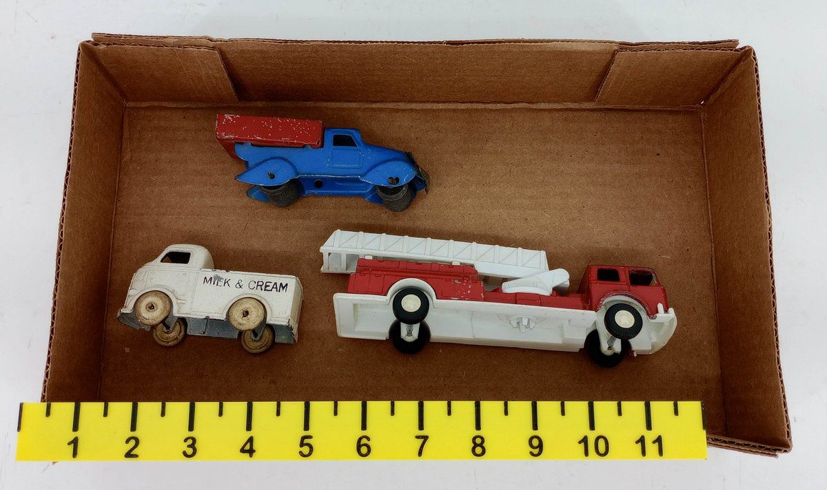 1970 TOOTSIE TOY FIRE ENGINE/ BAR CLAY MILK TRUCK & TIN DUMPTRUCK INV 260990012