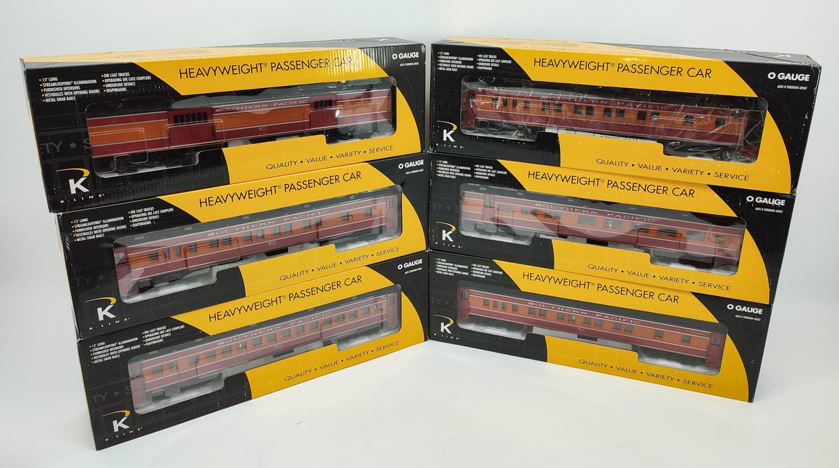 K-LINE 6 SOUTHERN PACIFIC CARS K4888-0007-0012 BAGGAGE 6085, PULLMAN, OBSERVATION 2902, DINER 10157, COACH 2014,PULLMAN OBS  INV 263230005