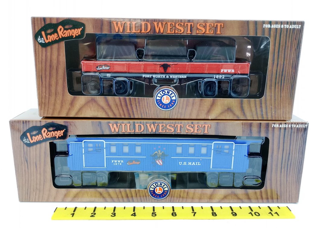 5 O GAUGE LIONEL LONE RANGER WILD WEST SET 6-26610 GONDOLA & 6-35191 BAGGAGE CAR, LONE RANGER WILD WEST SET W/ 2 ADD-ON CARS, 5 OBS  INV 263310014