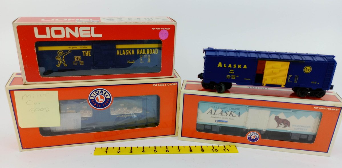 4 LIONEL O GAUGE ALASKA RR BOXCARS 6-9758, 6-19682 MINT CAR & TCA CRUISE REEFER, 3 OBS  INV 263310017