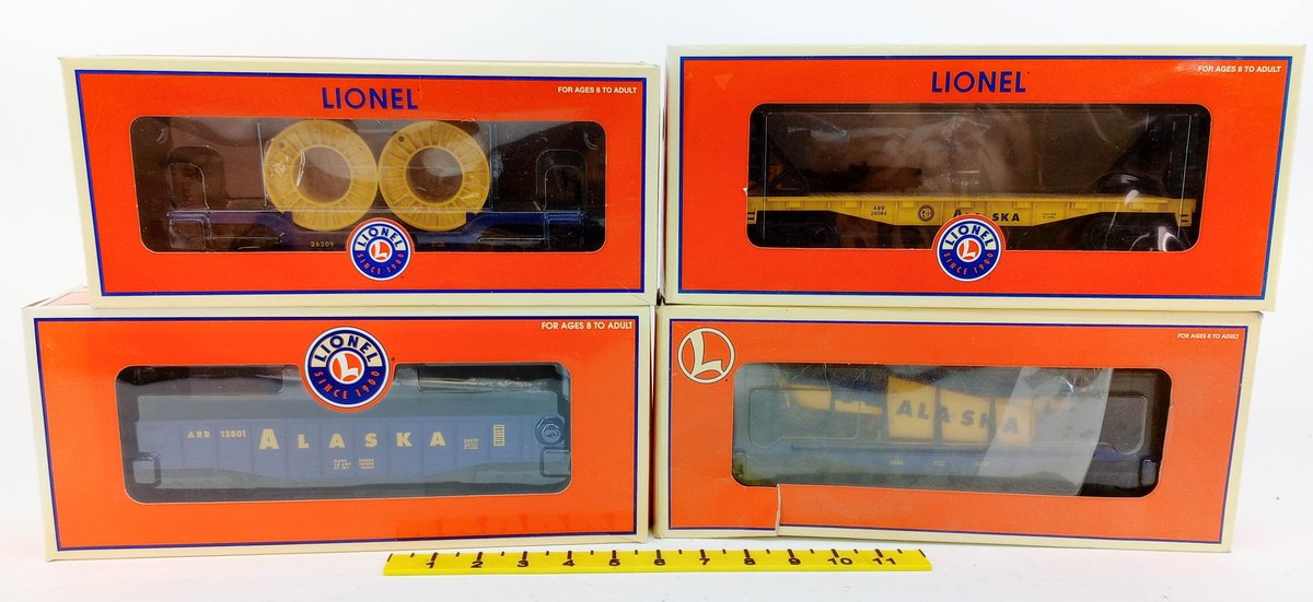 4 LIONEL O GAUGE ALASKA FLATCARS & GONDOLA 6-26309, 6-26086, 6-36021, 6-26019, 4 OBS  INV 263310016