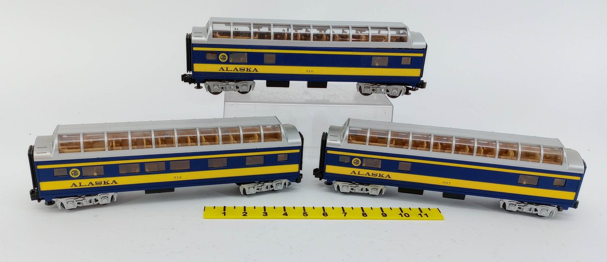 3 MTH O GAUGE ALASKA RAILROAD VISTA DOME PASSENGER CARS 507 510 512, NO BOXES  INV 263310023