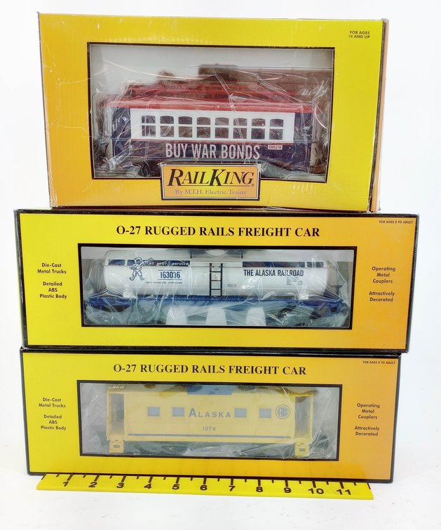 3 MTH RAILKING O-27 ALASKA TANK CAR & CABOOSE, WAR BONDS TROLLEY, 3 OBS  INV 263310027
