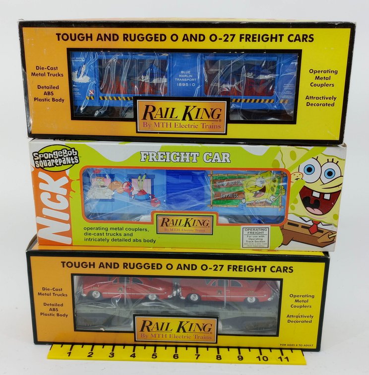 3 MTH RAIL KING O GAUGE FREIGHT CARS SPONGEBOB, BLUE MARLIN, FIRE DEPT CARS, 3 OBS  INV 263310031