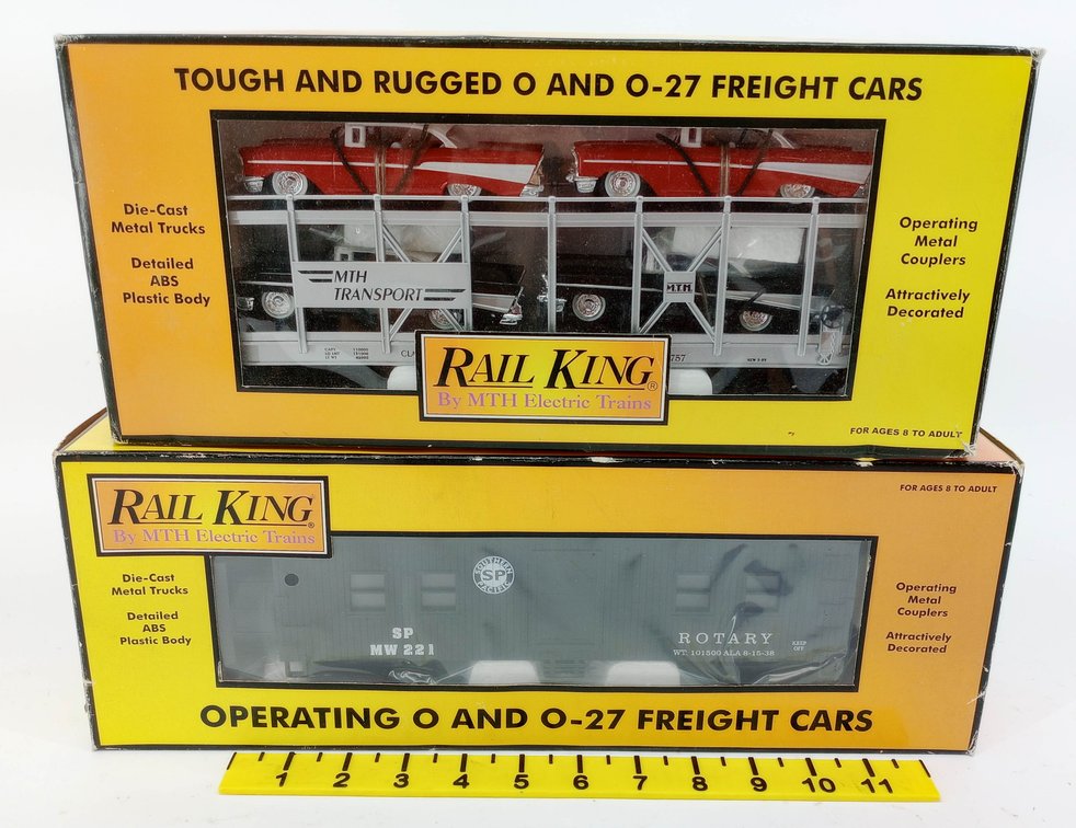 2 RAIL KING MTH O GAUGE AUTO CARRIER & SP MW 221 ROTARY BUNK CAR, 2 OBS  INV 263310029