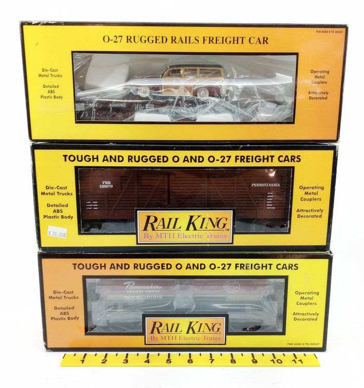 3 RAIL KING O GAUGE NYC TANK CAR, NYC FLATCAR W/ FORD WOODY & PRR STOCK CAR, 3 OBS  INV 263310032