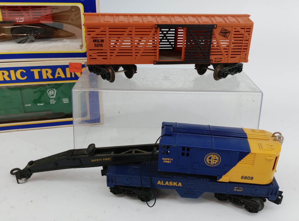 10 K-LINE O/027 GAUGE FREIGHT CARS & ALASKA CRANE CAR, ASSORTED, 8 OBS  INV 263310050
