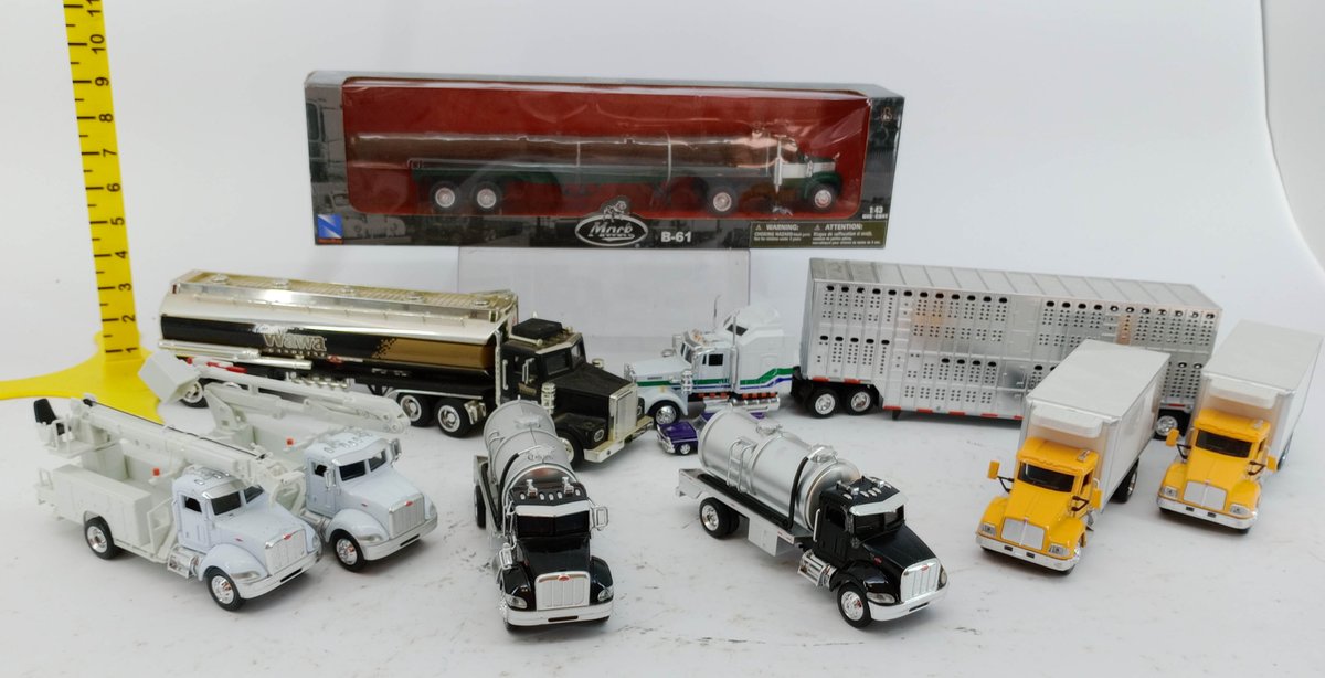 ASSORTED NEWRAY DIE-CAST TRUCKS MACK B-61 LOG HAULER PETERBILT UTILITY TANKER KENWORTH BOX TRUCKS & CAR 1 OB  INV 263310072