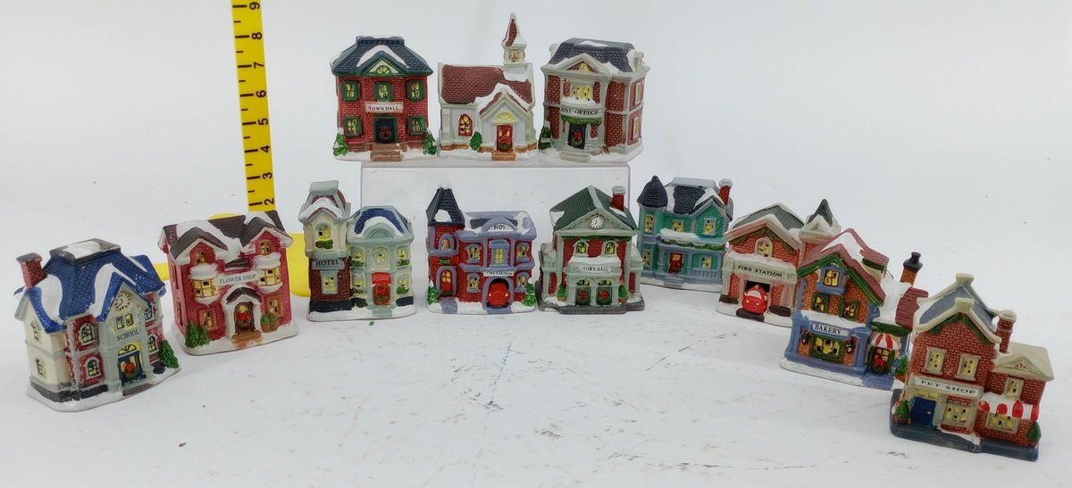 12 CERAMIC CHRISTMAS VILLAGE BUILDINGS SCHOOL TOWN HALL POST OFFICE CHURCH FIRE STATION BAKERY PET SHOP & MORE  INV 263310075