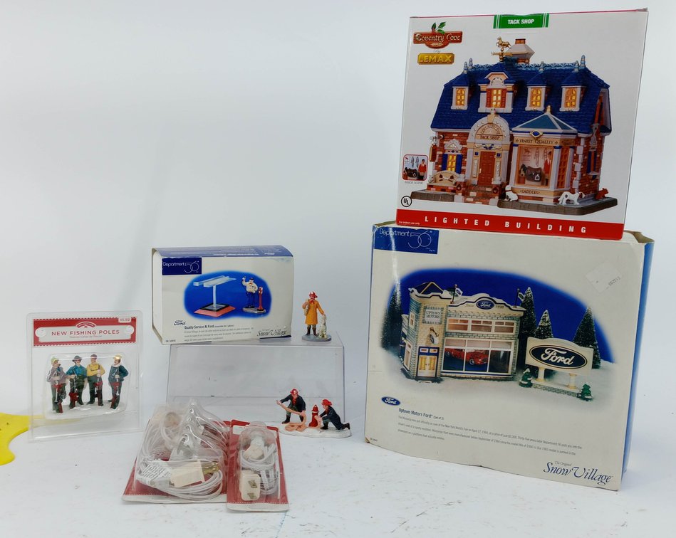 LEMAX COVENTRY COVE TACK SHOP & DEPT 56 UPTOWN MOTORS FORD LIGHTED BUILDINGS, FORD SERVICE SET, FIGURINES & LIGHT CORDS OBS  INV 263310082