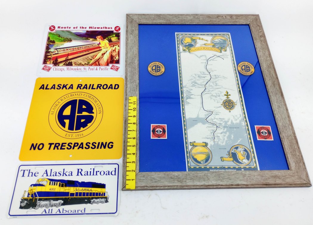 ALASKA RAILROAD & HIAWATHAS METAL SIGNS, LICENSE PLATE & FRAMED MAP W/ PATCHES  INV 263310115