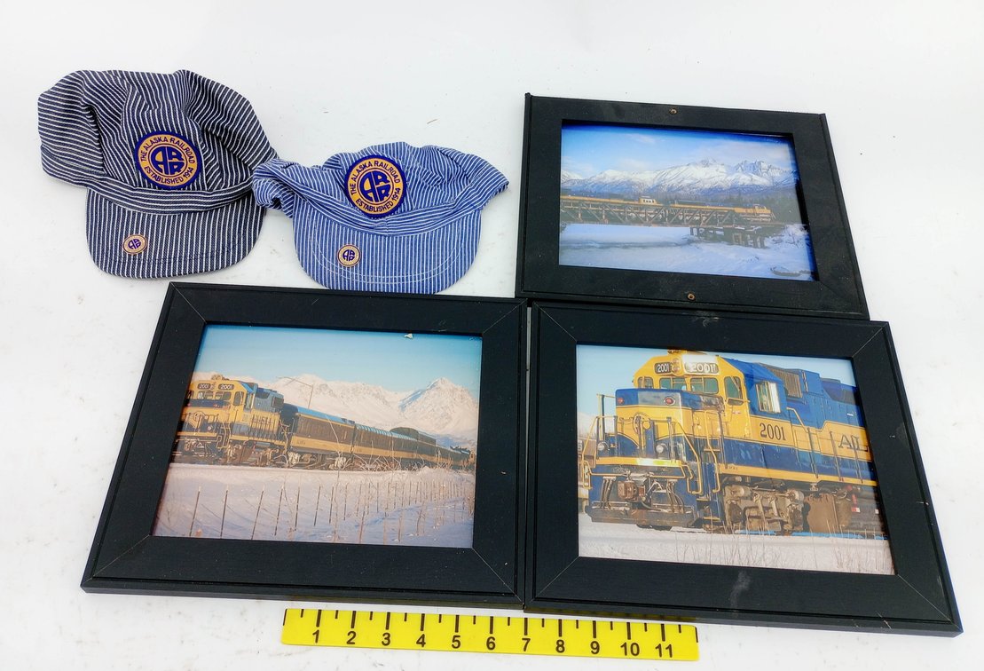 2 ALASKA RAILROAD STRIPED ENGINEER CAPS & 3 FRAMED LOCOMOTIVE PHOTOS  INV 263310114