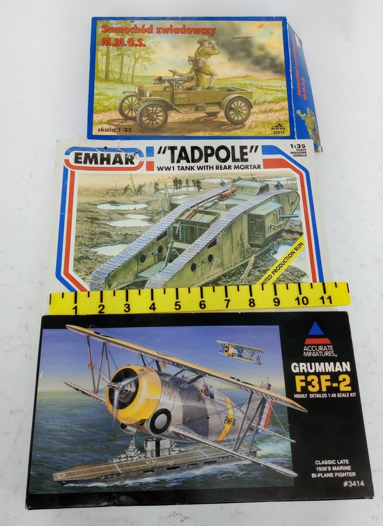 3 MODEL KITS EMHAR TADPOLE WW1 TANK RPM M.M.G.S. ARMORED CAR ACCURATE MINIATURES GRUMMAN F3F-2 NNC 3 OB  INV 263310118