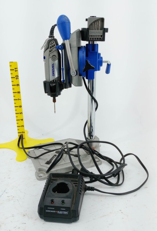 DREMEL 220 DRILL PRESS STAND WITH DREMEL 3000 ROTARY TOOL, BIT SET & CHICAGO ELECTRIC BATTERY CHARGER  INV 263310120