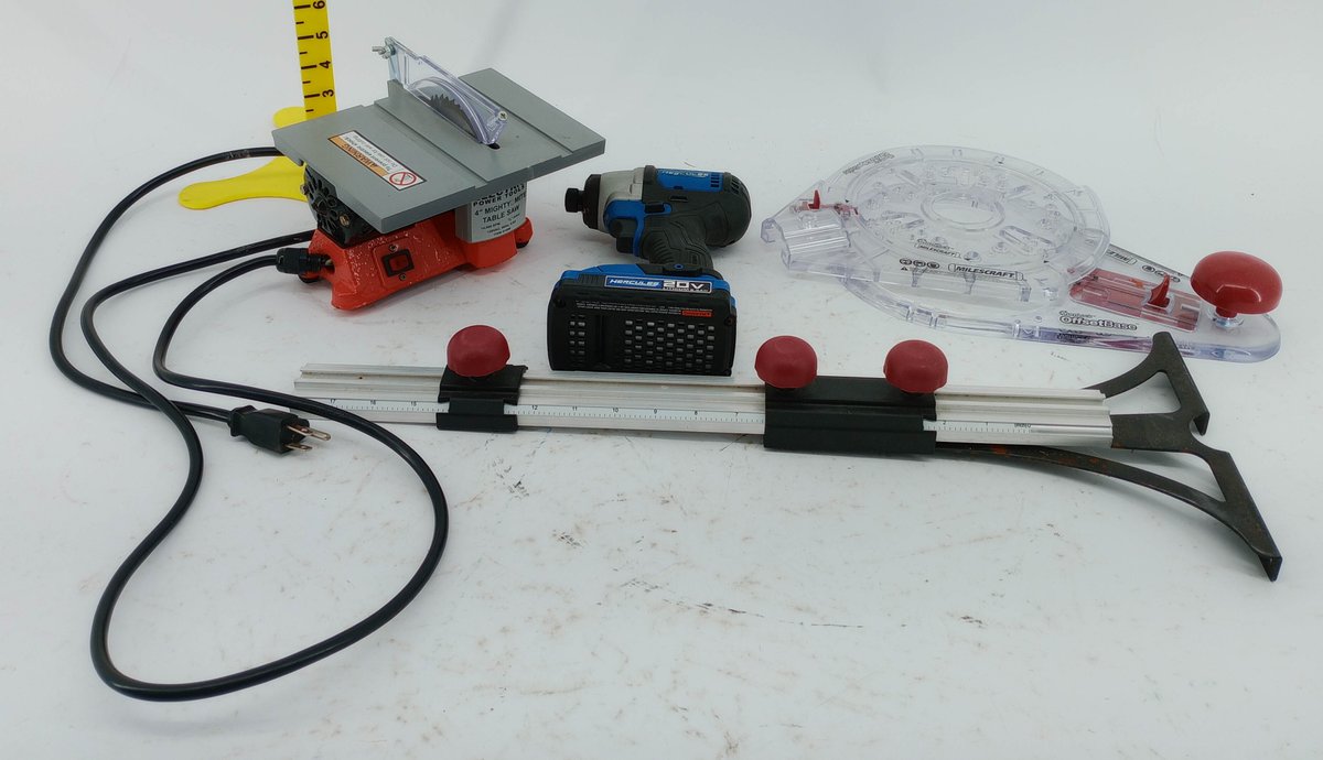 CHICAGO ELECTRIC 4IN TABLE SAW, HERCULES 20V IMPACT DRIVER, MILESCRAFT ROUTER BASES & ALUMINUM SQUARE GUIDE  INV 263310121