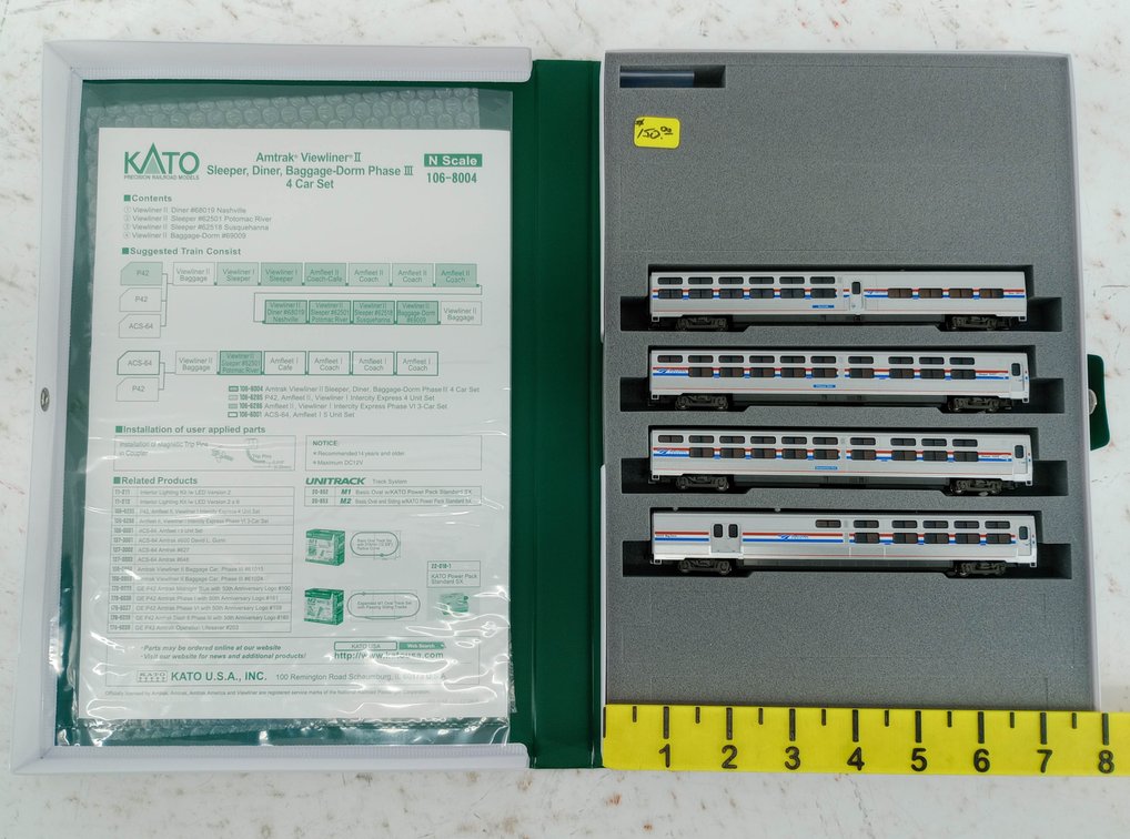 KATO N SCALE 106-8004 AMTRAK VIEWLINER II SLEEPER, DINER & BAGGAGE-DORM 4 CAR SET, OB INV 263330048