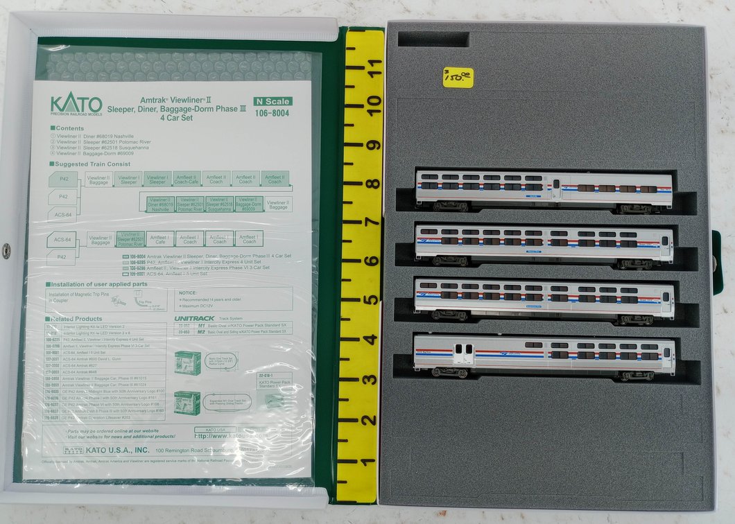 KATO 106-8004 AMTRAK VIEWLINER II SLEEPER, DINER & BAGGAGE-DORM 4 CAR SET, OB INV 263330070