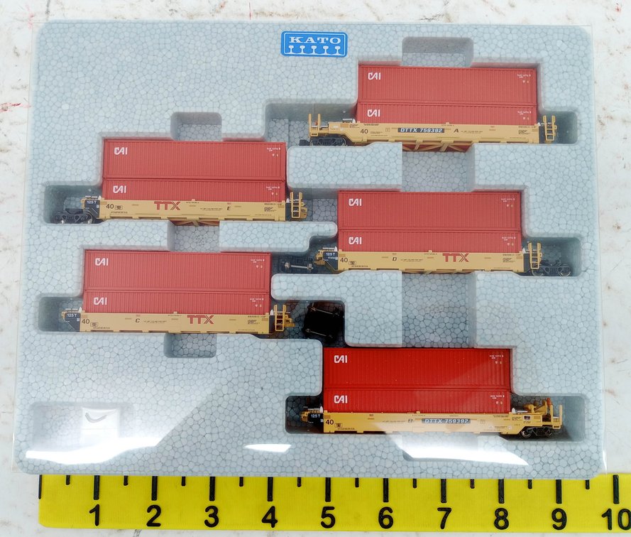 KATO 5-PACK 106-6193 TTX GUNDERSON MAXI-I DOUBLE STACK CARS W/ CAI CONTAINERS, N SCALE, OB INV 263330071