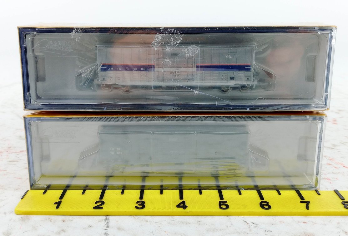 2 RAPIDO N SCALE 537007 & 537008 AMTRAK PC&F B-100-40 BOXCAR 3 PACKS, 2 OBS INV 263330077
