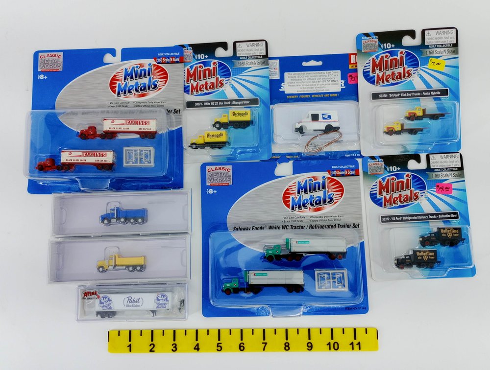 ASSORTED MINI METALS & ATLAS N SCALE TRUCKS, TRAILERS & USPS VAN INV 263330099