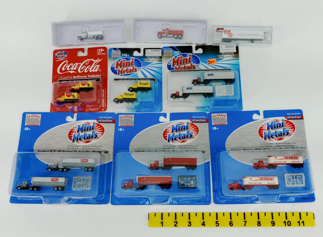 MINI METALS & ATLAS N SCALE TRUCKS, TRACTOR TRAILERS & DUMP TRUCKS, 9 OBS INV 263330100