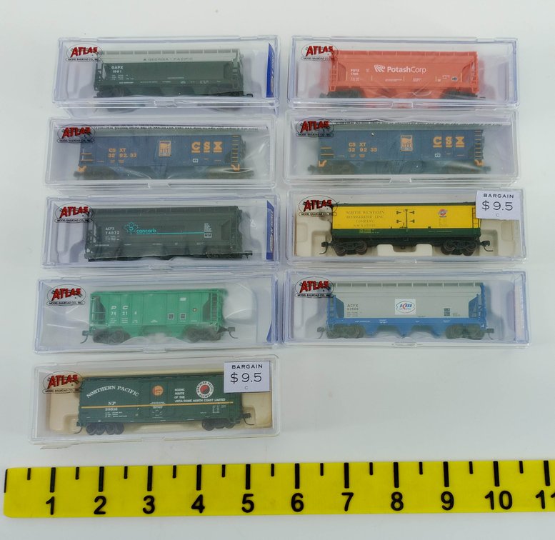 9 ASSORTED ATLAS N SCALE HOPPERS, BOXCAR & REEFER, 9 OBS INV 263330103