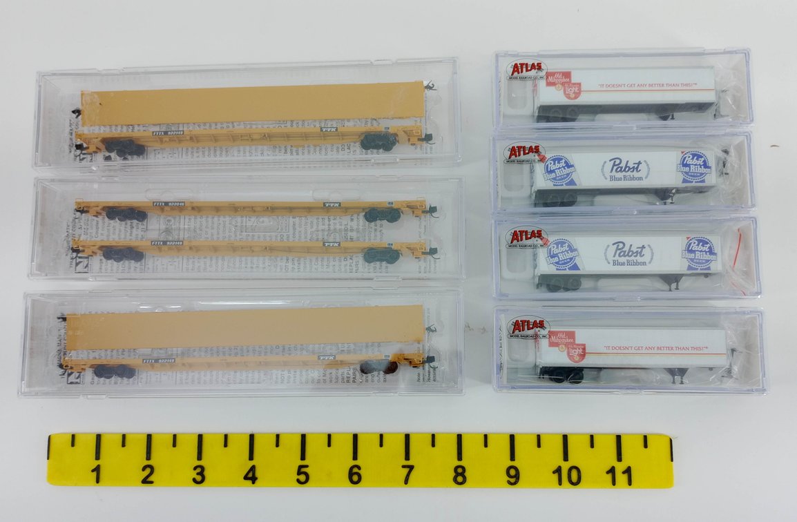 3 MICRO-TRAINS N 993 02 205 FTTX 89FT FLAT CARS & 4 ATLAS N 45FT PINES TRAILERS, 7 OBS INV 263330107