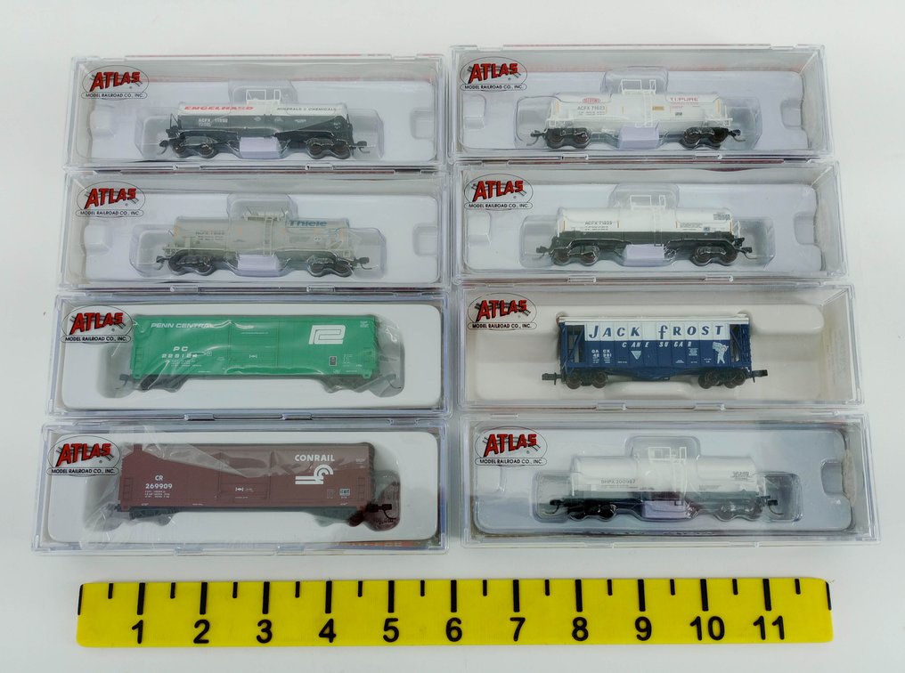 8 ATLAS N SCALE KAOLIN TANK CARS, X72 BOXCARS & AIRSLIDE HOPPER, 8 OBS INV 263330108