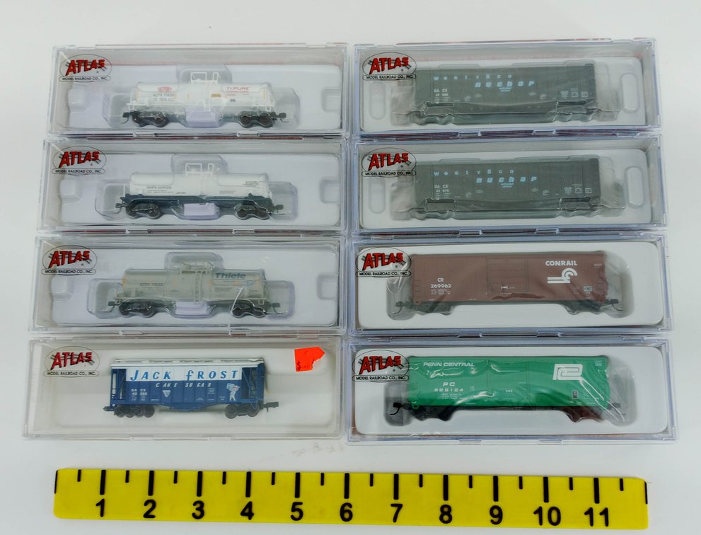 8 ATLAS N SCALE ASSORTED HOPPERS, BOXCARS & TANK CARS, 8 OBS INV 263330109