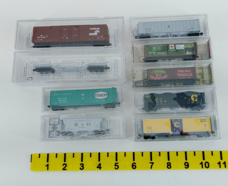 9 MICRO-TRAINS LINE N SCALE ASSORTED FREIGHT CARS CONRAIL NYC B&O CHESSIE HEINZ, 9 OBS INV 263330114