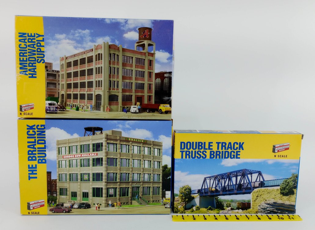 3 WALTHERS CORNERSTONE N SCALE STRUCTURE KITS, BRALICK BUILDING, AMERICAN HARDWARE & TRUSS BRIDGE, 3 OBS NNC INV 263330141