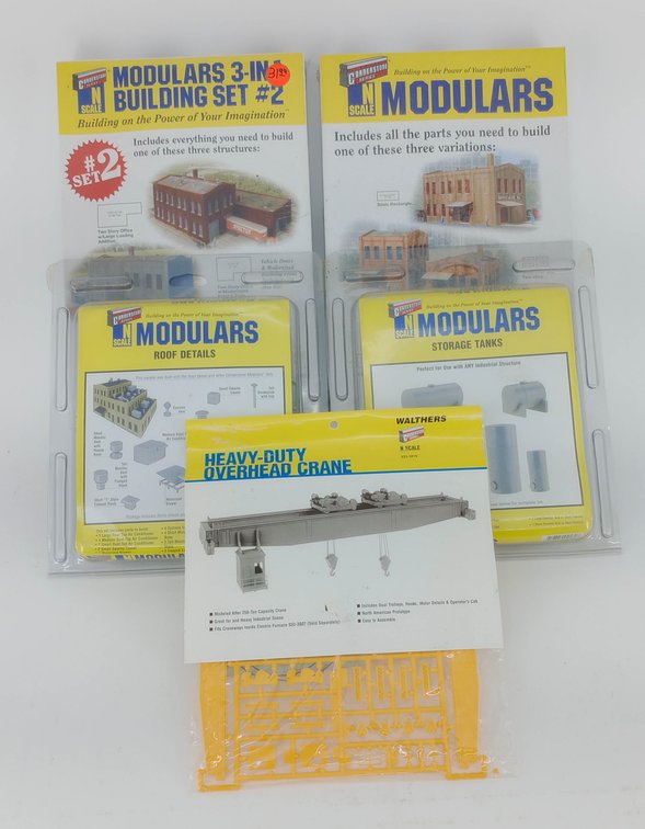 5 WALTHERS CORNERSTONE N SCALE MODULARS BUILDING KITS & HEAVY-DUTY OVERHEAD CRANE, 5 OBS NNC INV 263330140