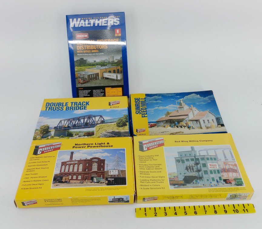 5 WALTHERS CORNERSTONE N SCALE STRUCTURE KITS, MILL, POWERHOUSE & BRIDGE, 5 OBS NNC INV 263330143