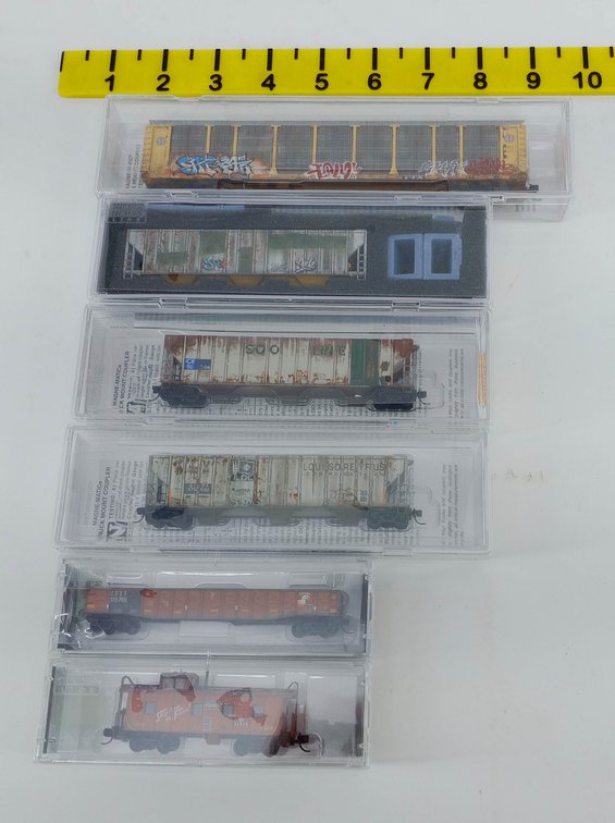 6 MICRO-TRAINS N SCALE HOPPERS, GONDOLA, CABOOSE & AUTORACK, 6 OBS INV 263330154