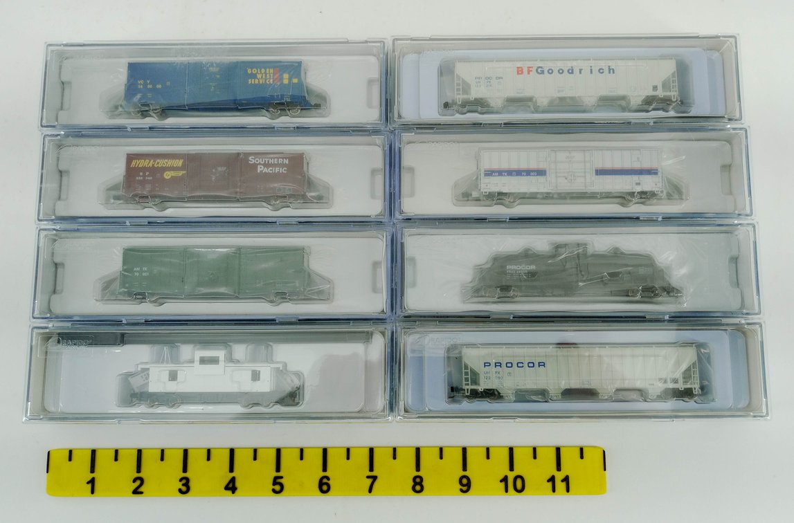 8 RAPIDO N SCALE PROCOR HOPPERS, AMTRAK, SP & GW BOXCARS, CABOOSE, 8 OBS INV 263330157