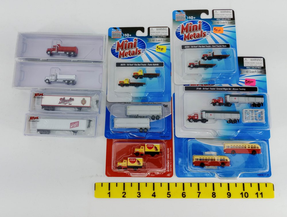 ASSORTED N SCALE MINI METALS, ATLAS & TRAINWORX TRUCKS & TRAILERS INV 263330162